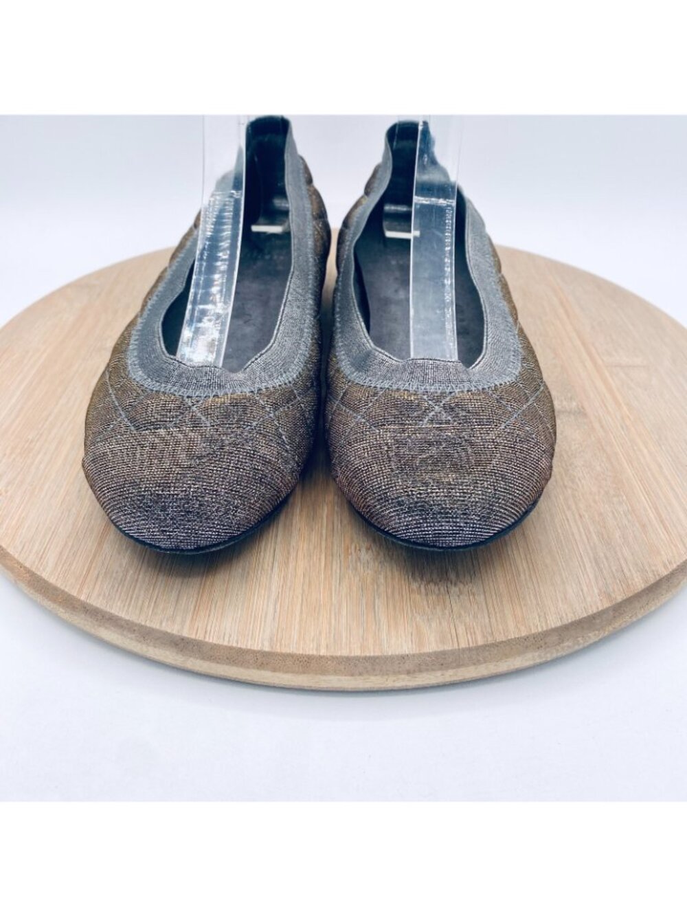 Stuart Weitzman Shoes Womens 7 Gray Leather Quilted Ballet Flats Cap Glitter - Picture 3 of 11